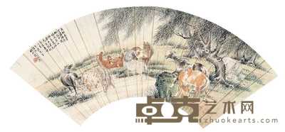 殷梓湘 乙亥（1935年）作 八骏图 扇面 17.5×50.5cm